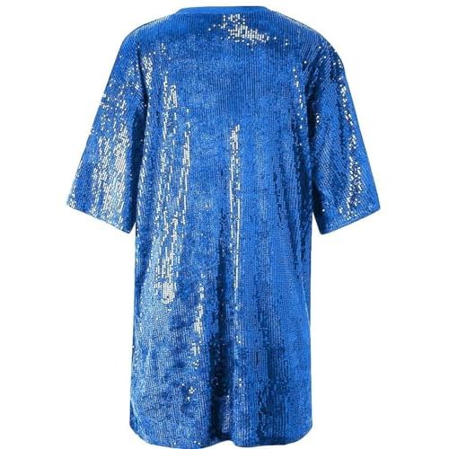 KIRJAUDU Women Sparkly Sequin Mini Dress Crewneck Bling Letter Print Half Sleeve Loose Mini Dress Clubwear