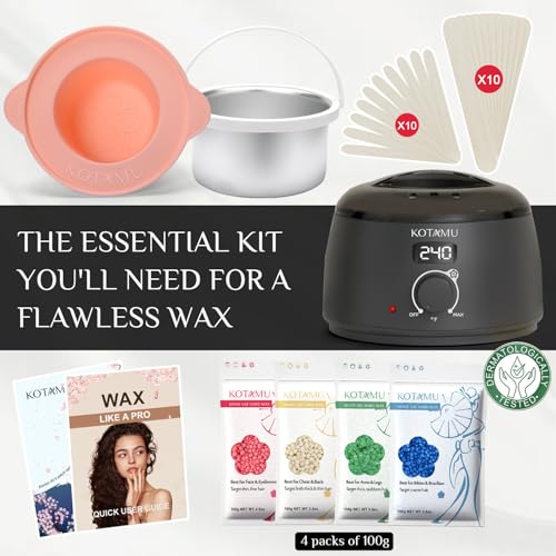KOTAMU Waxing Kit for Women & Men with Digital Wax Pot & 4oz Pack of 4, Black