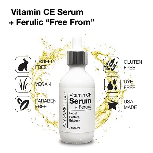 ALOA Skincare Vitamin CE Serum + Ferulic with Hyaluronic Acid, 2oz. Anti Aging, Firming & Brightening Serum for Face
