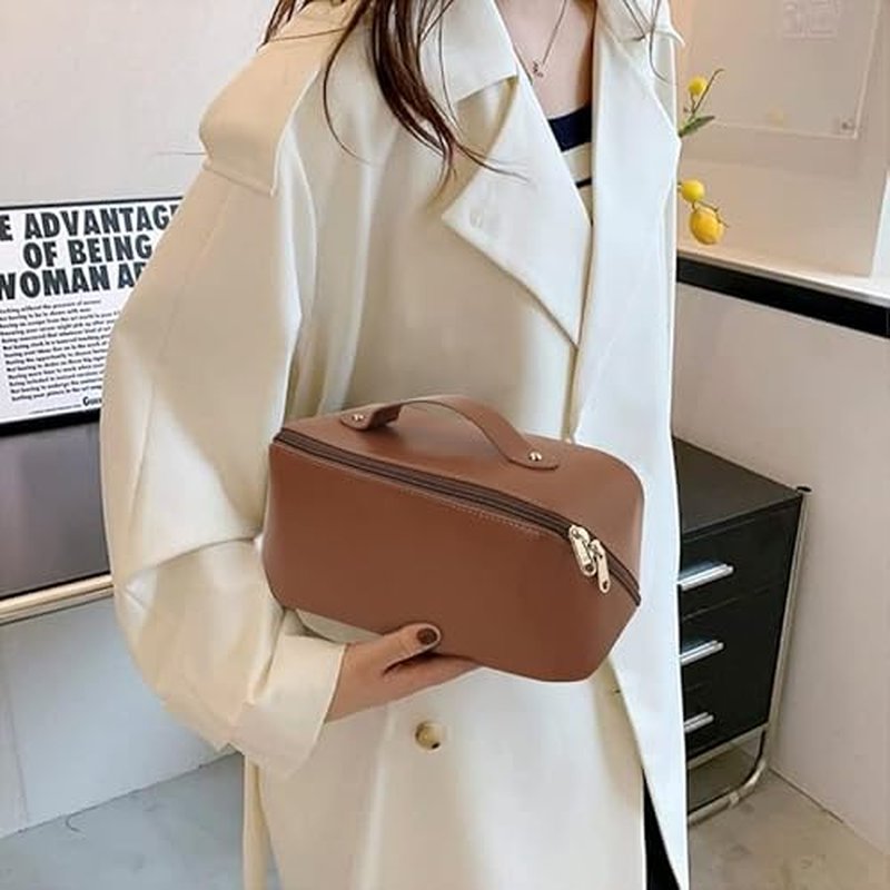 Large Capacity Waterproof Travel Cosmetic Bag - PU Leather - Brown Light