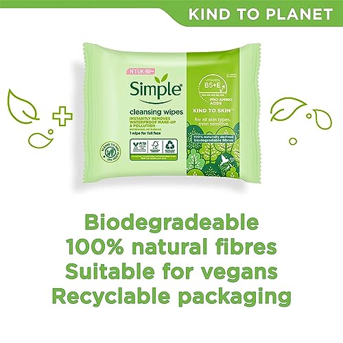 Simple Aloe Vera Sensitive Skin Facial Wipes - Waterproof Makeup Remover, 25 Count (4 Pack)