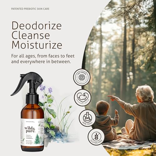 Natural Body Wash Spray 4oz Pack of 2 – Rinse-Free Deodorizer & Moisturizer, pH Balanced, Microbiome-Friendly, Plant-Based, Refillable