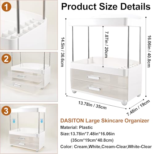 DASITON 4 Tiers Makeup Organizer, 2 Drawers Large Cosmetic Organizers for Vanity Bathroom Countertop, Bathroom Organizers and Storage for Skincare, Cosmetic, Perfume, Dresser Organizer (White+Clear)