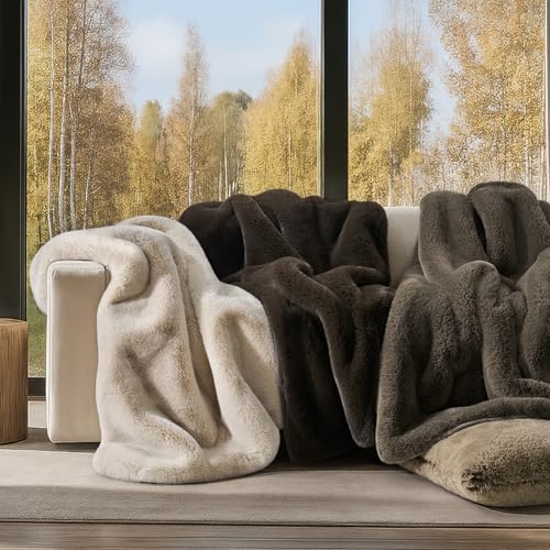 EverGrace Birch Mink Faux Chinchilla Fur Throw Blanket 60x80 Inches - Luxurious Plush Cozy Bed & Decor Accent