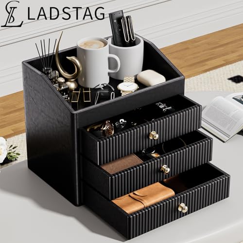 Black Vegan Leather Desk Organizer with 4 Layers and Tray - LADSTAG