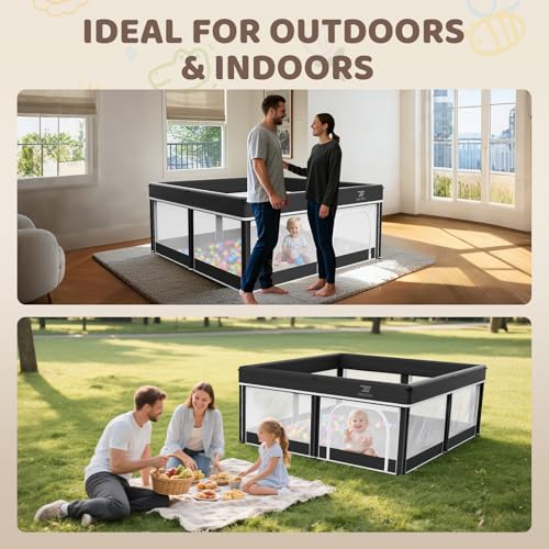 Foldable Baby Playpen with Mat - Portable Indoor & Outdoor Play Yard, Black 50x50in
