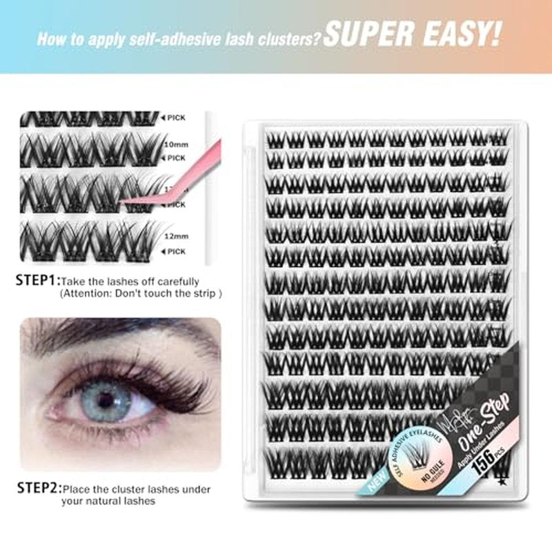 156 PCS Self-Adhesive Lash Clusters ? No Glue Needed, Sticky Strip Individual Lashes for DIY Lash Extensions, Natural Look, Super Hold