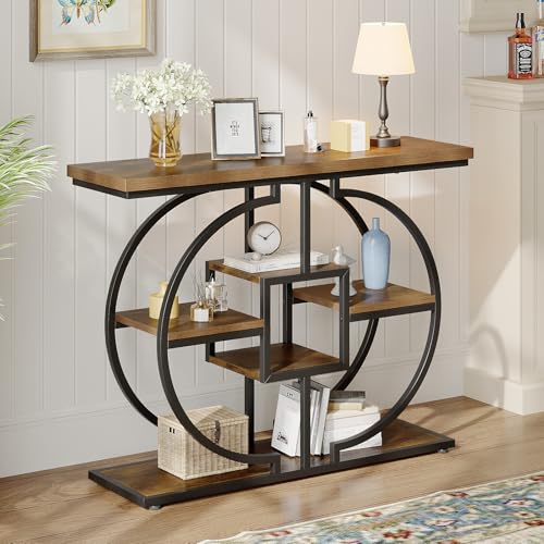 GiftGo Narrow Console Table for Entryway Brown 4-Tier Rustic Sofa Behind Couch