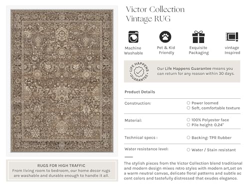 Vintage Brown 6x9 Area Rug - Retro Style Living Room Carpet, Washable & Non-Shedding
