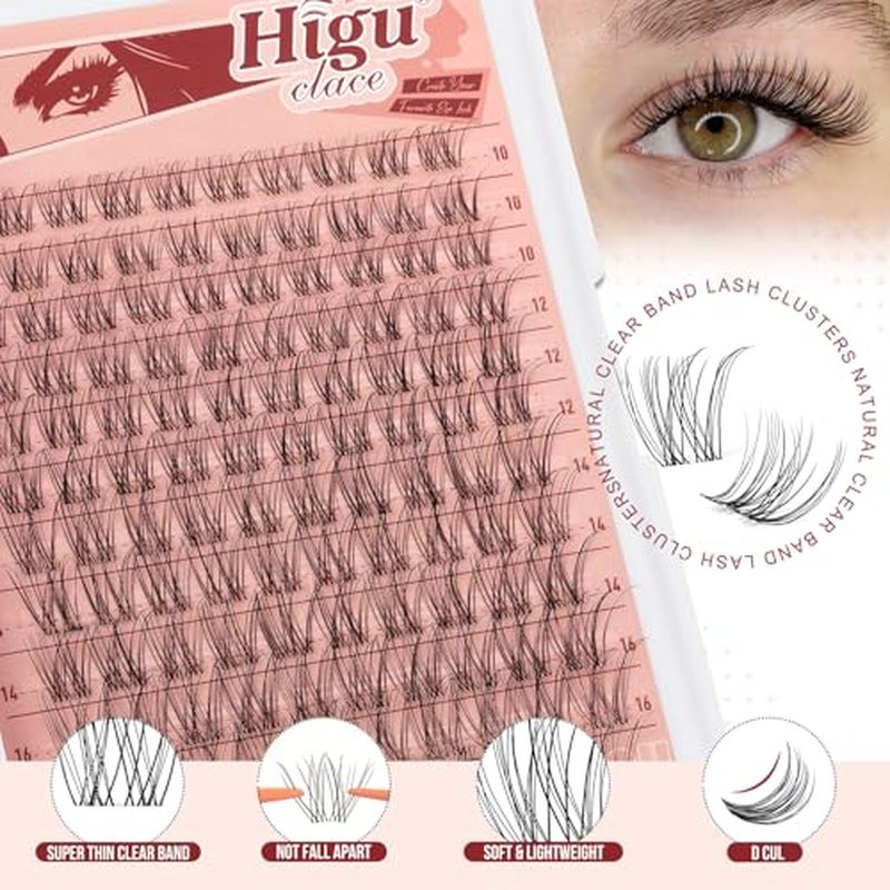 Higu clace Wispy Lash Clusters Kit, 120PCS Natural Lashes Clusters Kit with Lash Bond and Seal, C Curl Wispy Cluster Eyelash Extensions Natural Look with Clear Band Comfort Easy to use for Beginners