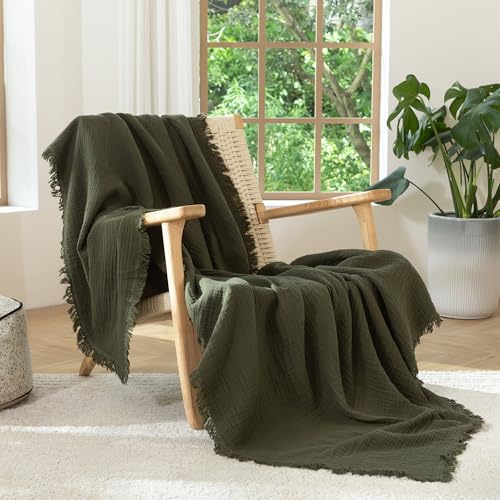Olive Green MooMee 100% Cotton Gauze Bed Throw Blanket, 4-Layer Fringed Summer Cover