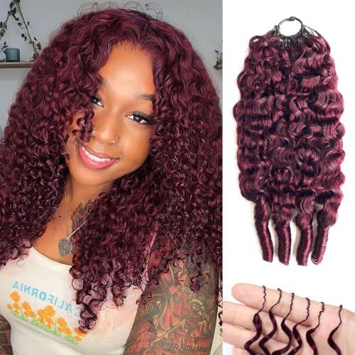 16 Inch Burgundy Burmese Curly Crochet Hair Bundles - 60g Pre-separated Human Hair, Feather Lightweight, Knotless & Reusable