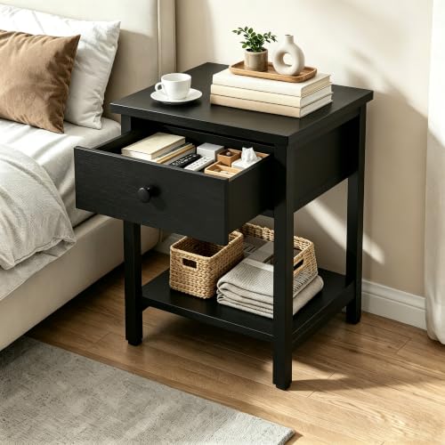Nightstands Set of 2 with Drawers & Storage Shelves - Black, Modern Bedside Table