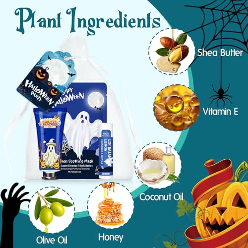 50 Pack Halloween Hand Cream, Facial Mask and Lip Balm Set, Bulk Halloween Gifts for Women, Halloween Decorations, Halloween Party Favors, Halloween Basket Stuffers and Halloween Skincare