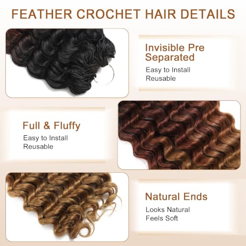 Deep Wave Feather Crochet Hair - 100 Strands, 14 Inch, T1/30/27, Knotless Style for Black Women
