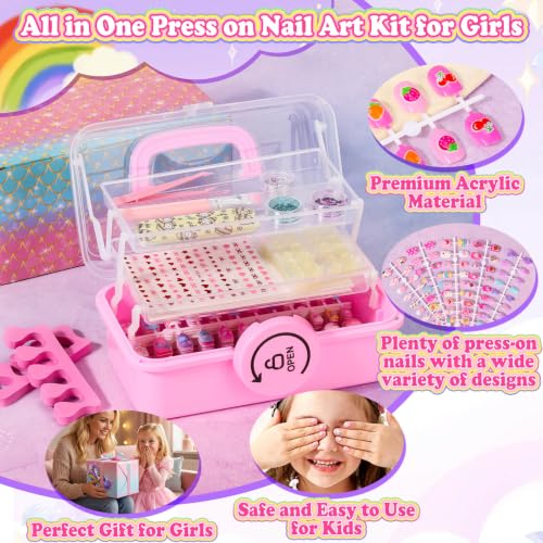 Pink Kids Press-On Nail Art Kit with 480 Fake Nails & Storage Case