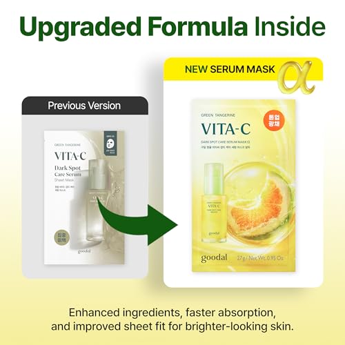 GOODAL Green Tangerine Vita C Dark Spot Care Serum Sheet Mask(5ea) [Advanced Ver.], Dark Spot Care & Hydration Boost with Niacinamide and Hyaluronic Acid, Vegan Skin-Fit Sheet Mask, Korean Skincare