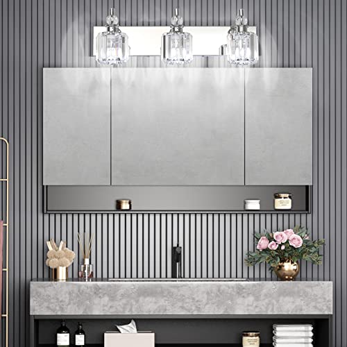 Chrome 24 Inch Crystal Vanity Light Fixture - Modern 3-Light Bathroom Wall Lamp