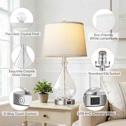 Set of 2 Bedside Lamps with Crackle Glass & Silver Finish - Touch Dimmable with USB Charging Ports