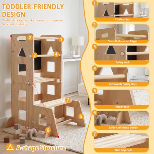 5-in-1 Toddler Standing Tower Kitchen Stool with Blackboard - Natural Wood Large