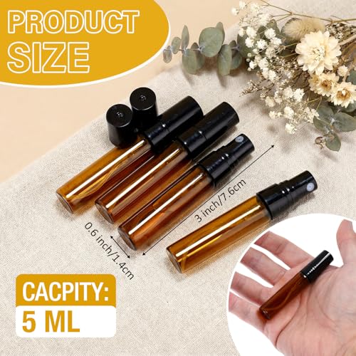 Mini Spray Bottles Set - 300 Brown Glass 5ml Travel Refillable Atomizers with Leakproof Design