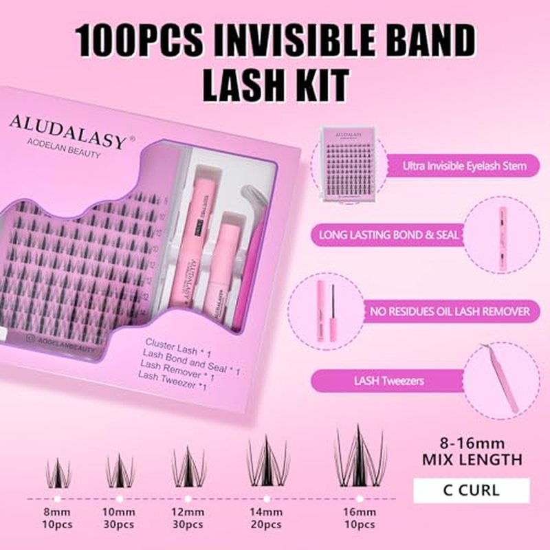 Manga Lash Clusters Kit - C Curl, 8-16MM With Invisible Clear Band & Waterproof Bond/Seal Kit for Anime Lashes | Wispy, Natural Look, Easy DIY Application