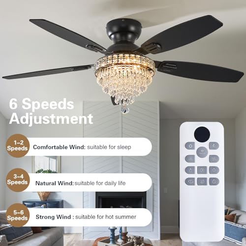 Crystal Ceiling Fan with Light - 50 Inch Black Fandelier with Remote Control - Low Profile Modern Fan