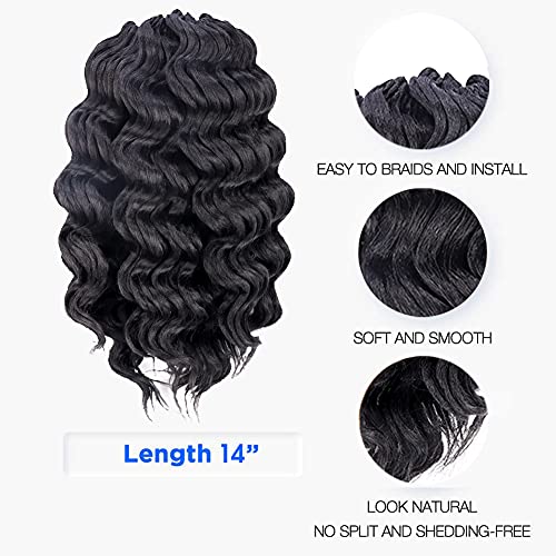 Ocean Wave Crochet Hair 14 Inch 8 Packs - Natural Black Deep Wave Synthetic Braiding Extensions - Variation of 1B / 14 Inch