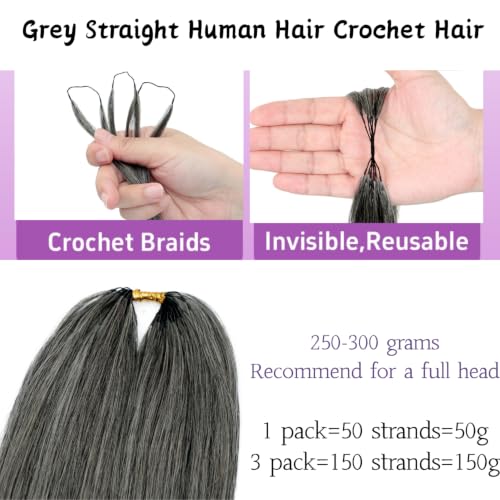 Grey Salt and Pepper Crochet Hair 12 Inch 50 Strands - Reusable Human Hair Bundles for Black Women, Invisible Knotless Style - #Grey Straight-50Strands / 12IN