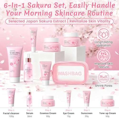 Sakura & Milk Skincare Set for Teens & Kids, 15 PCS Complete Day & Night Face Routine Kit for Girls & Office Worker, Hydrating, Shrink Pores, Perfect Gift Set for Self Care, Birthday, Party