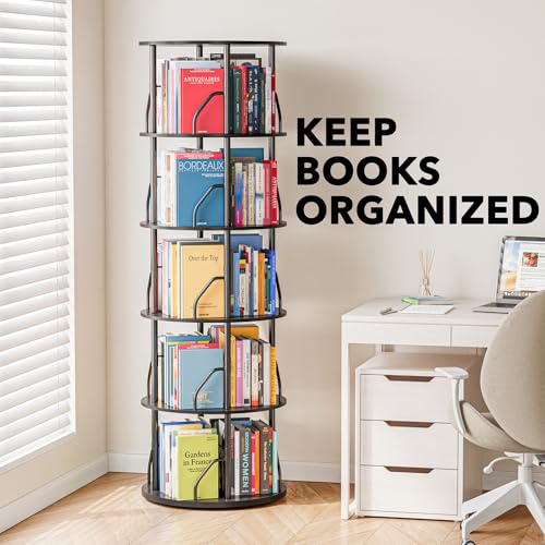 5 Tier Rotating Bookshelf Tower - 55.1 Inch Black Spinning Bookcase, Space Saving Corner Organizer