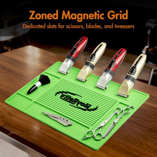 Professional Magnetic Barber Mat with 4 Magnets, Non-Slip Rubber Tool Organizer, Black, 17.7x11.8 Inch, for Clippers, Scissors, Trimmers by MoyRetty (Green)