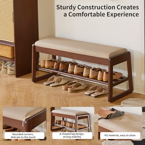 Wood Shoe Rack Bench with Cushion and Hidden Storage - 2 Tiers Entryway Organizer