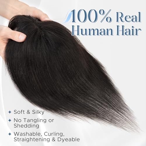 SLEEKALON Natural Black 10-Inch Human Hair Toppers with Bangs, 360° Cover, Clip-In Lightweight Hairpiece