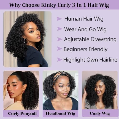 Black 16 Inch Kinky Curly Half Wig Human Hair 200 Density Seamless Flip Over Style - Glueless, Beginner Friendly