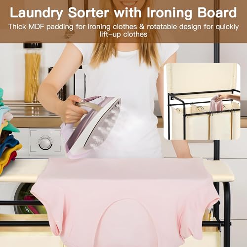 3-Section Laundry Sorter with Hanging Bar & Foldable Ironing Board, Rolling Cart