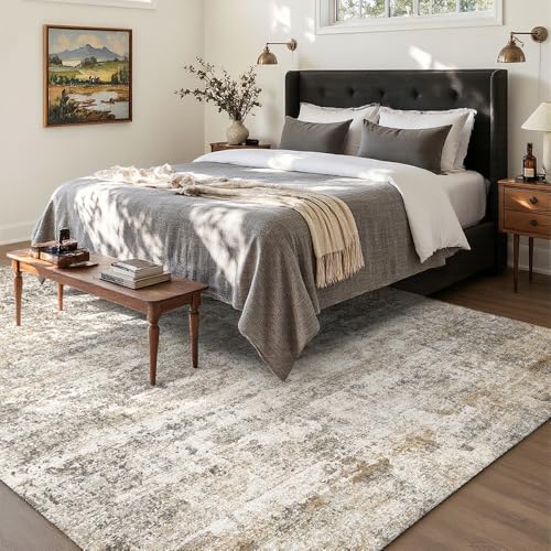 Grey Beige Washable Area Rug 8x10 for Living Room Vintage Print - Pet-Friendly