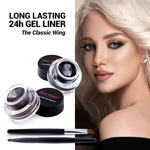 Music Flower Gel Eyeliner, Black and Brown Eyeliner Waterproof Long Lasting Smudge Proof Gel Liner with 2 Brushes, Easy to Apply Eye Makeup 3 g, Pack of 2