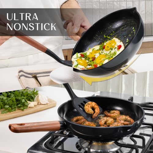 Ceramic Cookware Set - 21 Pieces with Non-Stick Coating & Glass Lids - Black