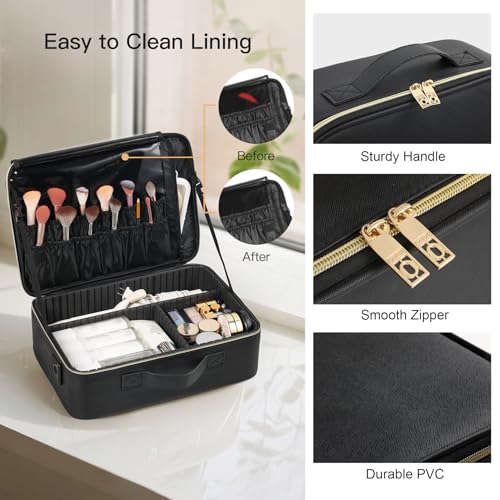Makeup Travel Case, 16 Inch Makeup Artist Bag with Compartment and Dividers, Portable Cosmetic Bag for Women with Brush Storage Sturdy Dual Zip Closure, Waterproof, Durable, Gift for Her, Black