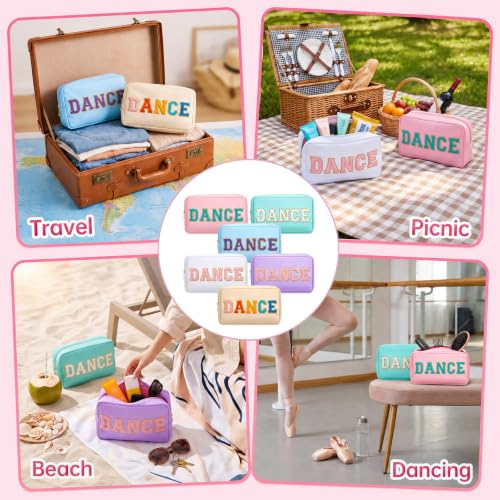 Pastel Dance Makeup Bags 6-Pack with Chenille Letter Patches, Waterproof Nylon Cosmetic Pouches