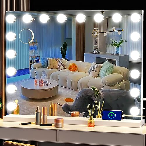 Hollywood Lighted Vanity Mirror 32x24 inch with 18 Dimmable LED Bulbs - White Frame, Touch Control, 3 Color Modes - Variation: White Bulbs / 24" x 32"