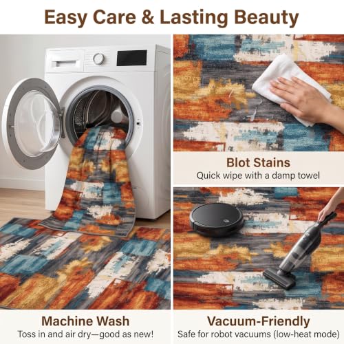 Burnt Orange and Teal Abstract Brushstroke Area Rug - 5' x 7' Rectangular, Low Pile, Non-Slip Backing