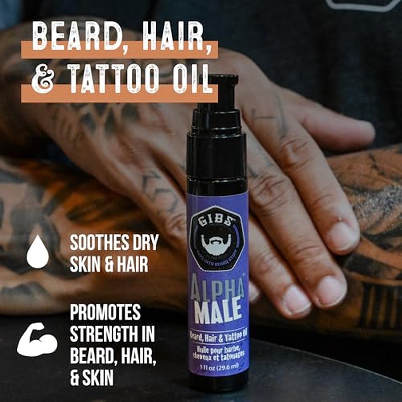 GIBS Beard, Hair & Tattoo Oil - Softens & Strengthens Beard Growth, Moisturizes Skin (4 Scents, 2 Sizes)