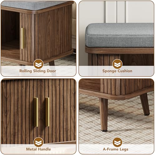 Decofy 39 Inch Shoe Storage Bench with Cushion & Sliding Doors - Walnut