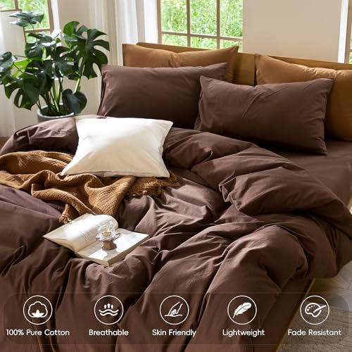 MooMee Queen Duvet Cover Set 100% Washed Cotton Linen Look Cocoa Brown No Comforter