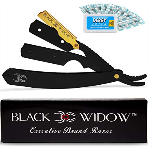 Black Widow Bundle Barber Straight Razor Gold and Matte Black - Premium Double Edge Razor Blades 100 Count Blades