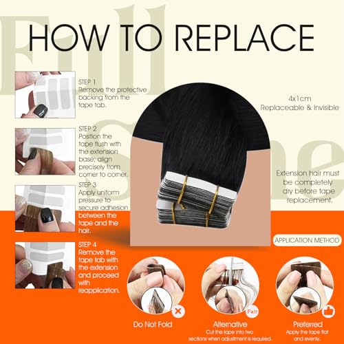 Full Shine Tape-In Human Hair Extensions - Jet Black, 24 Inch, 50G, 20 Pieces - Variation 1