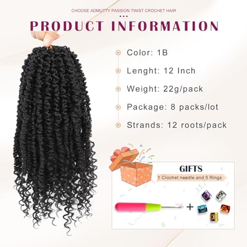 Pre-Looped Passion Twist Crochet Hair 12 Inch - 8 Packs, Ombre 1B/30