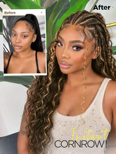 Blonde Highlight 13x6 Lace Front Braided Wig for Black Women 26 Inch Curly Cornrow Boho Wig with Face Framing